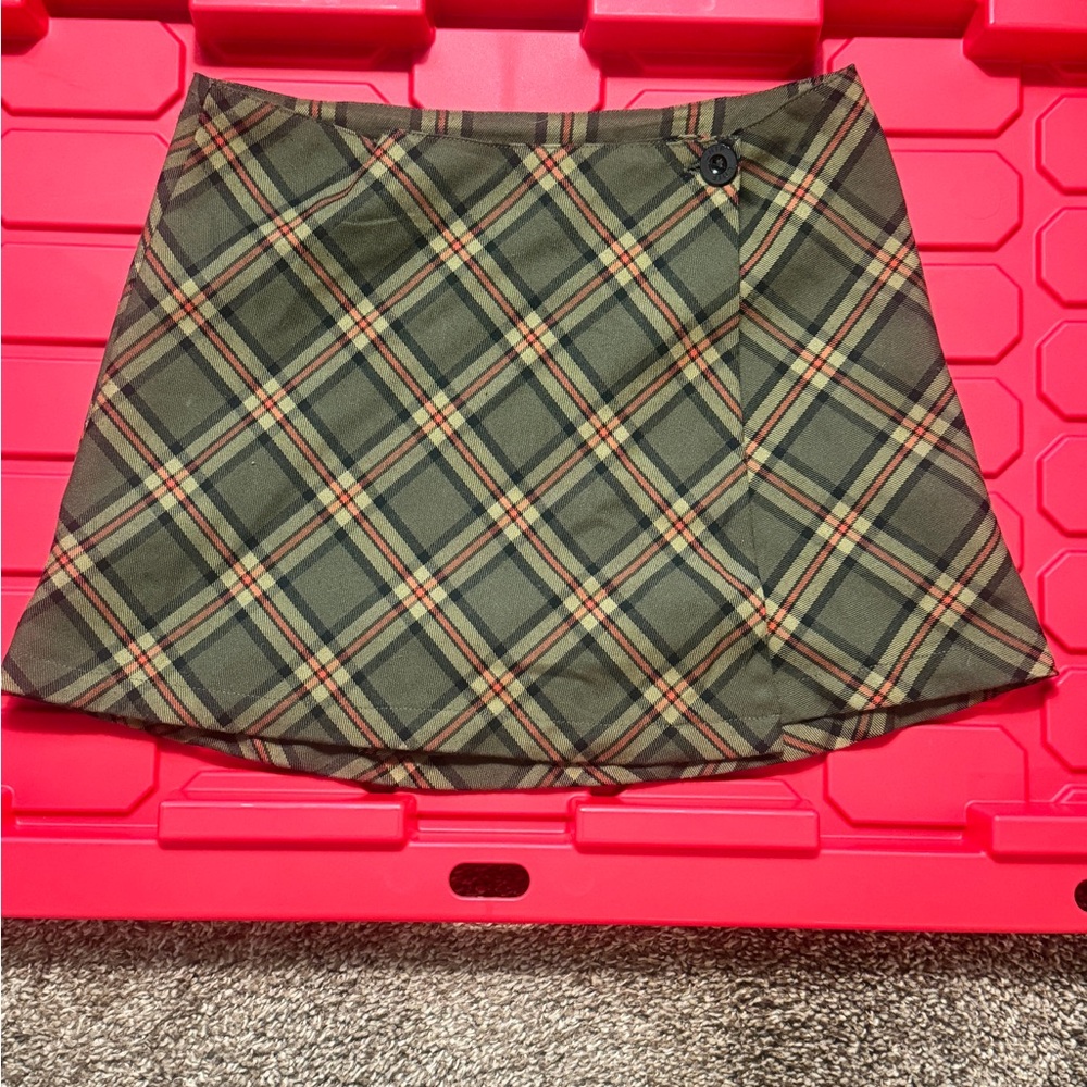 UNIF Olive Green Plaid Mini Skirt with Noir Button